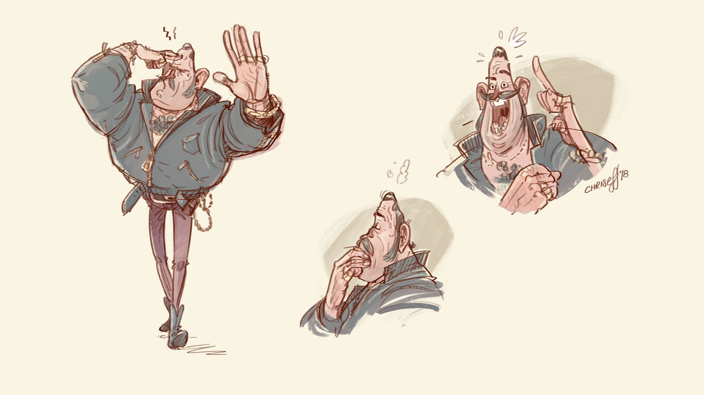 character design of biker thinking - christian effenberger