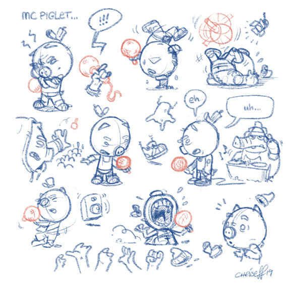character design sketches of mc piglet - christian effenberger