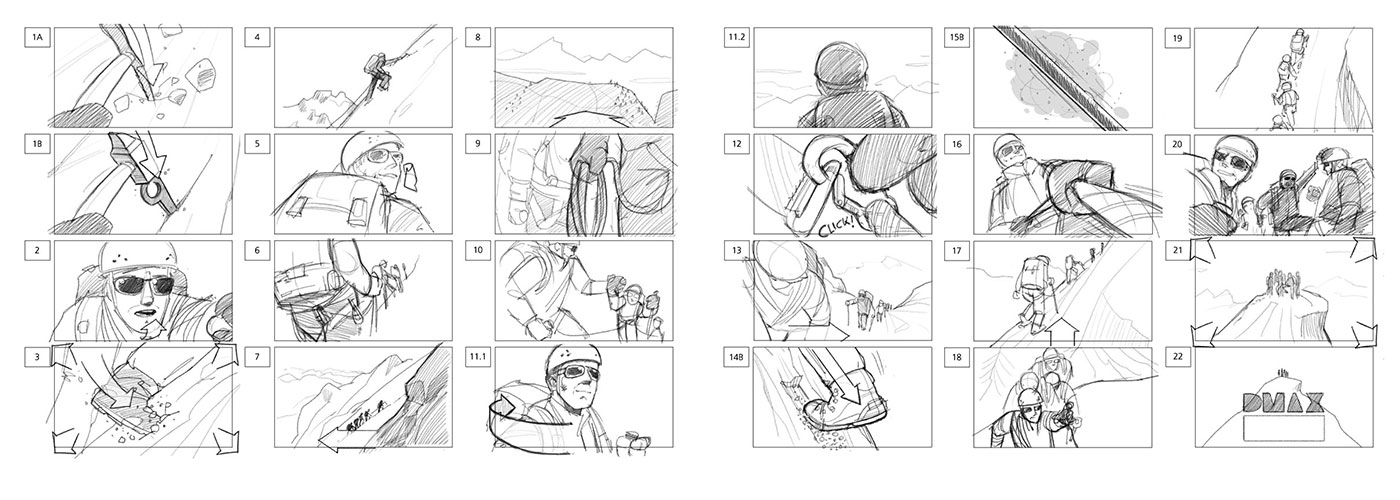 storyboard of a group mountain climbing for dmax - christian effenberger