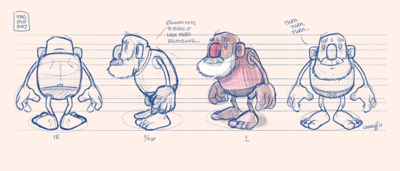 character design turnaround of old man - christian effenberger